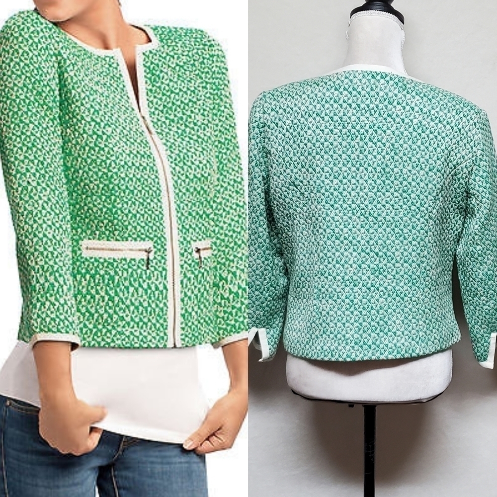 CABI #726 Clover Green Tweed Cropped Full-zip Quarter Sleeve Jacket 8